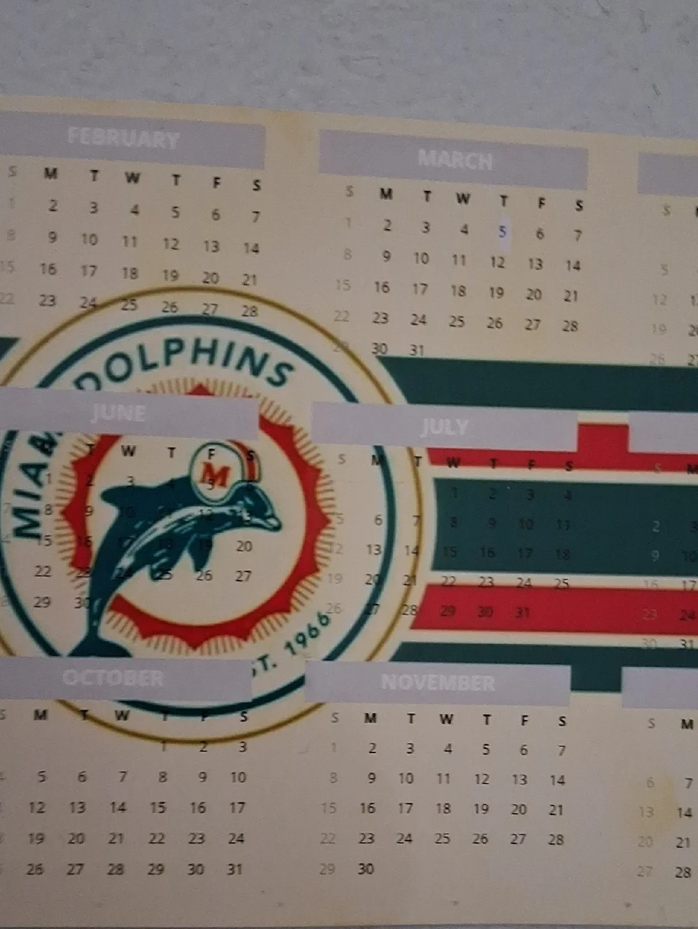 Calendar Poster - Teal, Orange, White Football Team Miami Dolphins Small